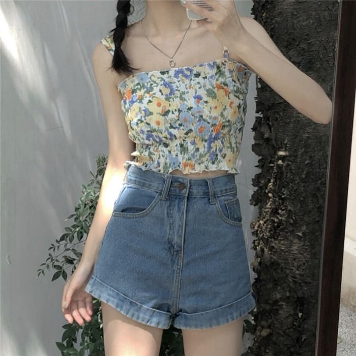 COZOK Áo Voan Hoa Hai Dây Dáng Ngắn Dễ Phối Đồ Cho Nữ