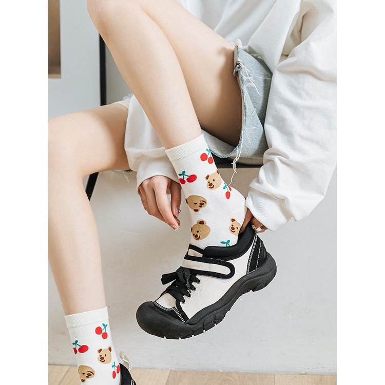 Vớ tất trắng họa tiết Keep Smiling, bông hoa, cherry