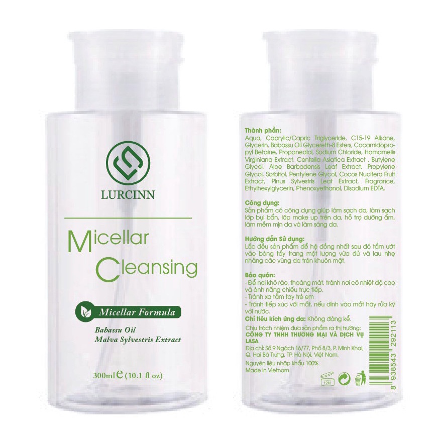 Nước Tẩy Trang LURCINN Micellar Cleansing 300ml Hỗ Trợ Làm Sạch Sâu cho Da