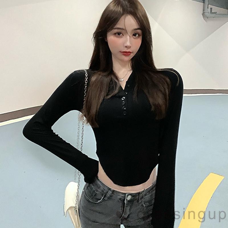 Áo tay dài màu trơn hở rốn thời trang cho nữ