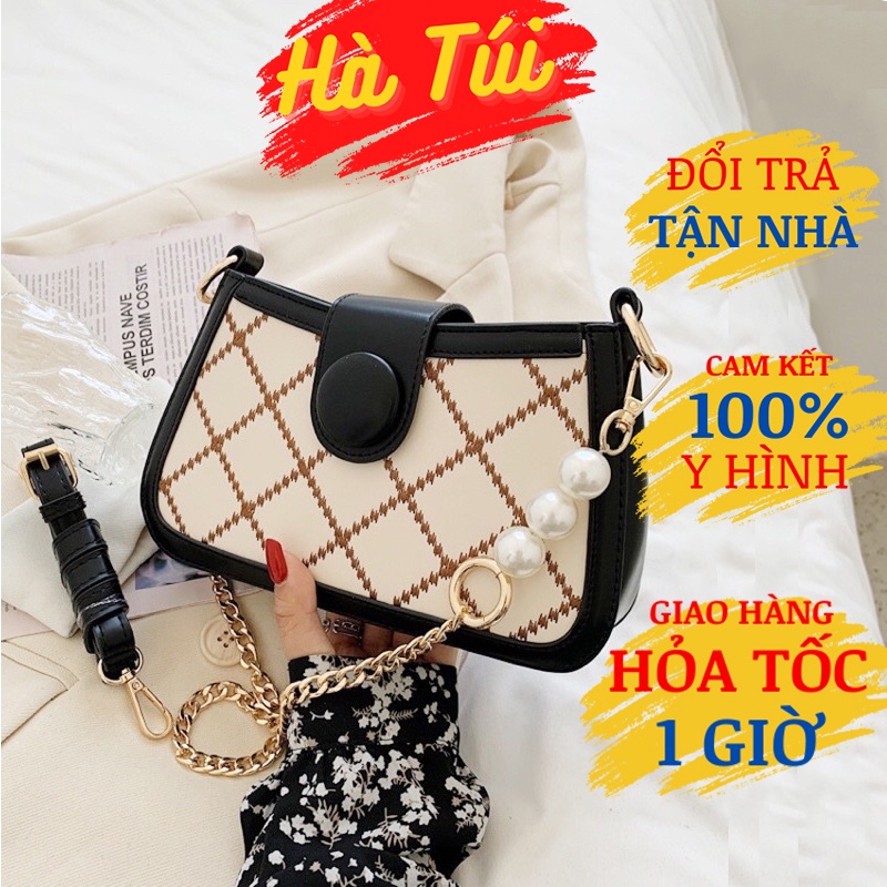 Túi đeo chéo nữ đẹp đi chơi 2 dây và quai xích ngọc trần trám, túi xách nữ thời trang hàn quốc, Hà túi HT12