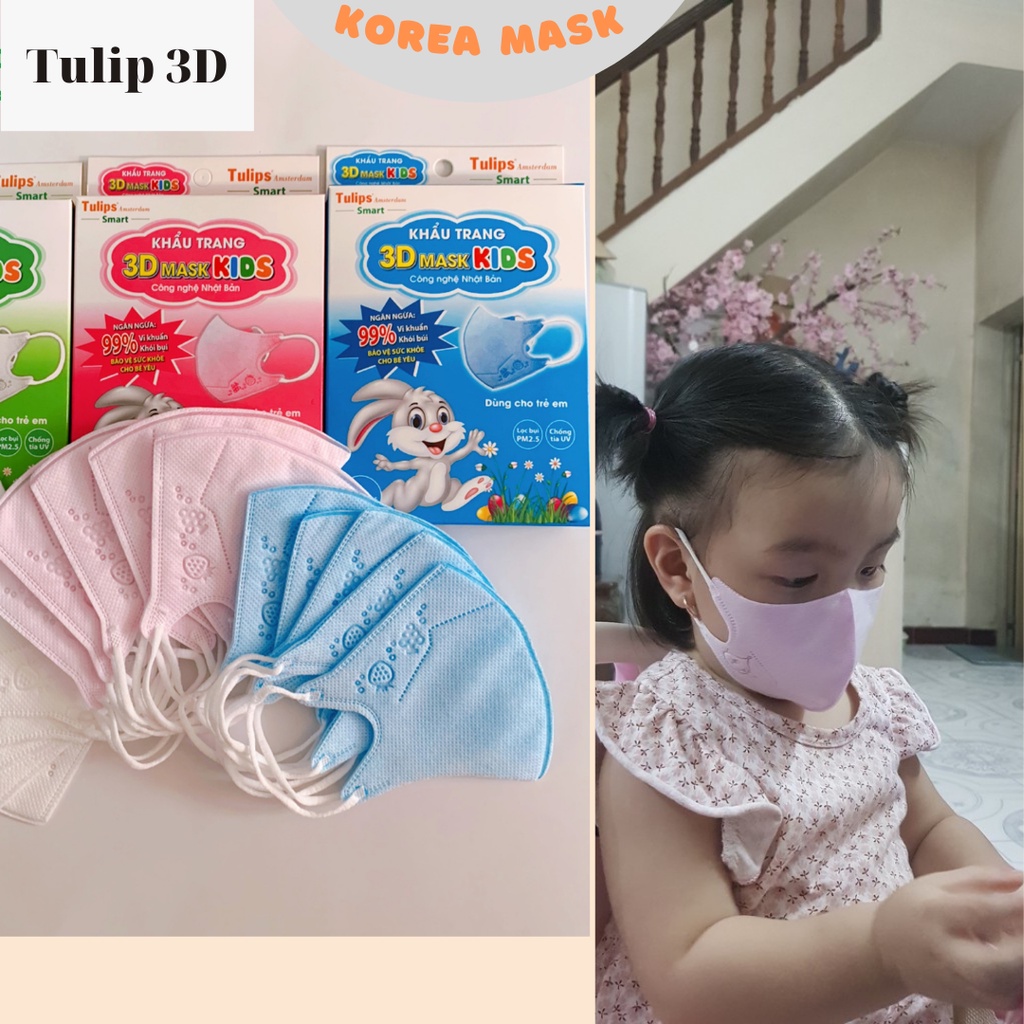 Khẩu trang trẻ em 3D Mask Tulips 4 Lớp kháng khuẩn Hộp 10 Cái cho bé từ 1 đến 6 tuổi