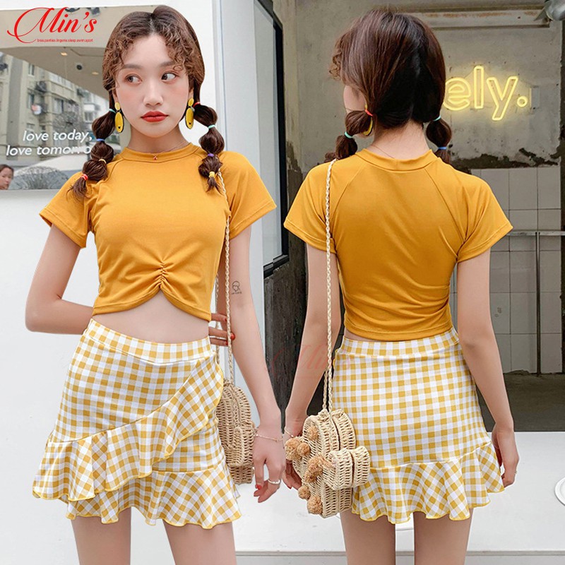 Đồ Bơi Nữ Đi Tắm Biển Mùa Hè Áo Tay Cộc Váy Kèm Quần Co Giãn Trẻ Trung 2 Màu Hồng, Vàng Chân Váy Caro MIN Bikini | BigBuy360 - bigbuy360.vn