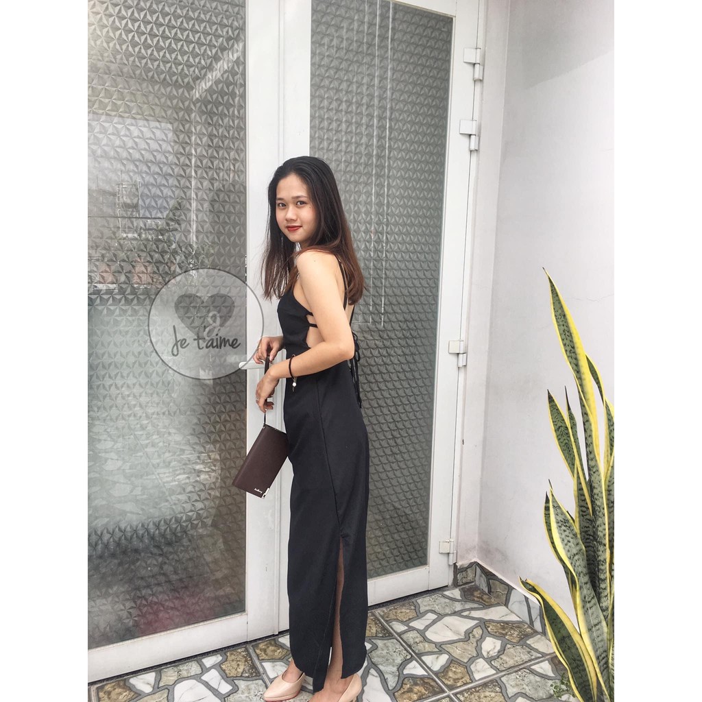 Đầm dự tiệc đen 2 dây dáng ôm đan chéo lưng