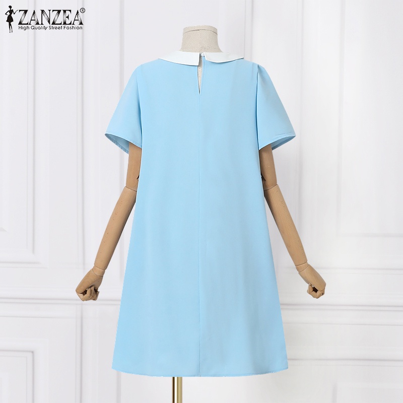 Đầm midi Zanzea tay ngắn màu trơn có túi thời trang Hàn Quốc thanh lịch cho nữ