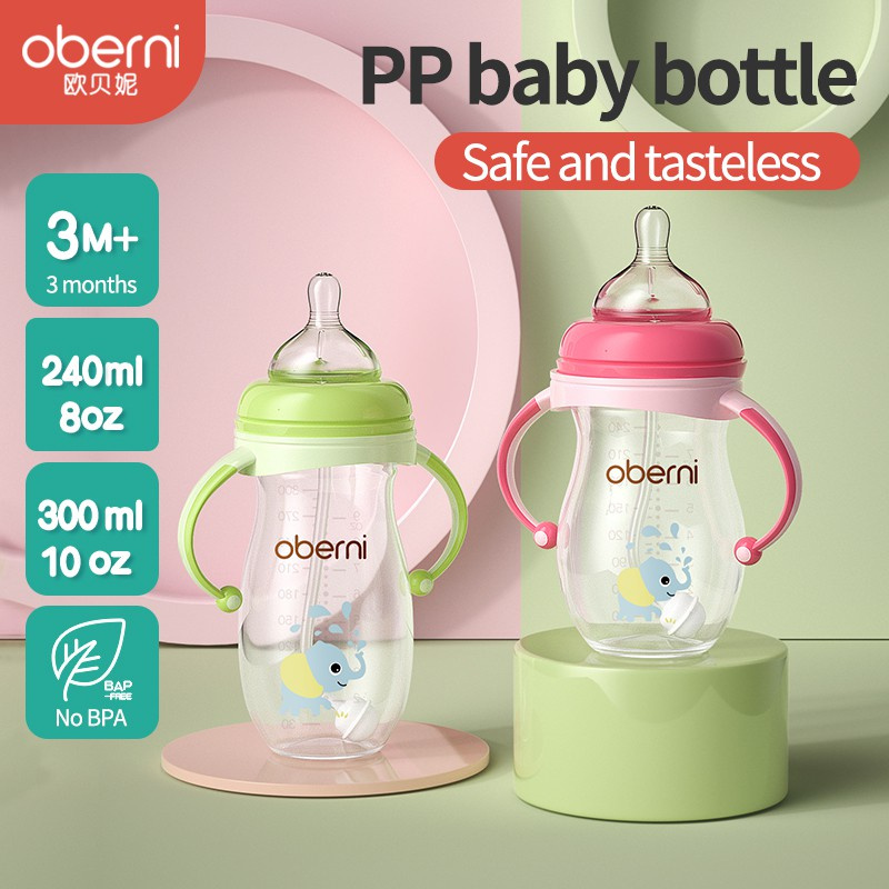 Oberni Bình cho ăn Cổ rộng Sữa PP dành cho trẻ em có tay cầm Chống rơi và chống Colic BPA free