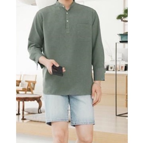 Áo sơ mi nam cổ trụ dài tay kẻ sọc trắng xanh