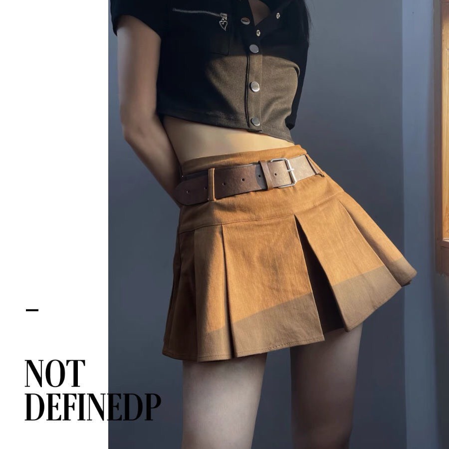 Chân váy nữ màu nâu xếp ly - váy ngắn Preppy eo cao