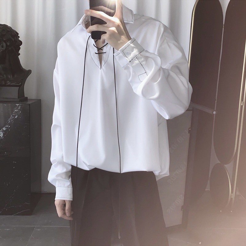 ÁO SƠMI LỤA PHỐI DÂY CỒ FORM UNISEX (hình chụp thật)