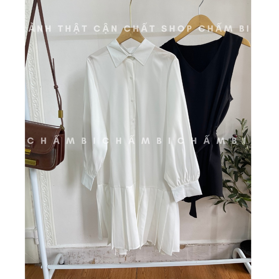 Set váy nữ tiểu thư V.090, Set váy sơ mi trắng dáng dài xếp ly chân và yếm đen cổ V thắt nơ eo cực xinh