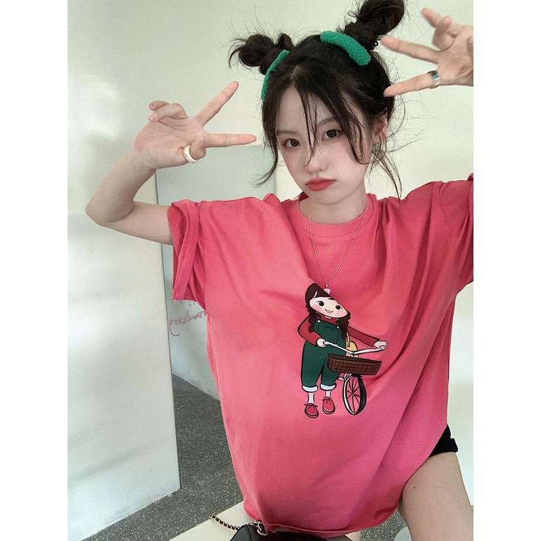 Áo Thun Ngắn Tay Dáng Rộng In Họa Tiết Hoạt Hình Dễ Thương Thời Trang Mùa Hè Cho Nữ