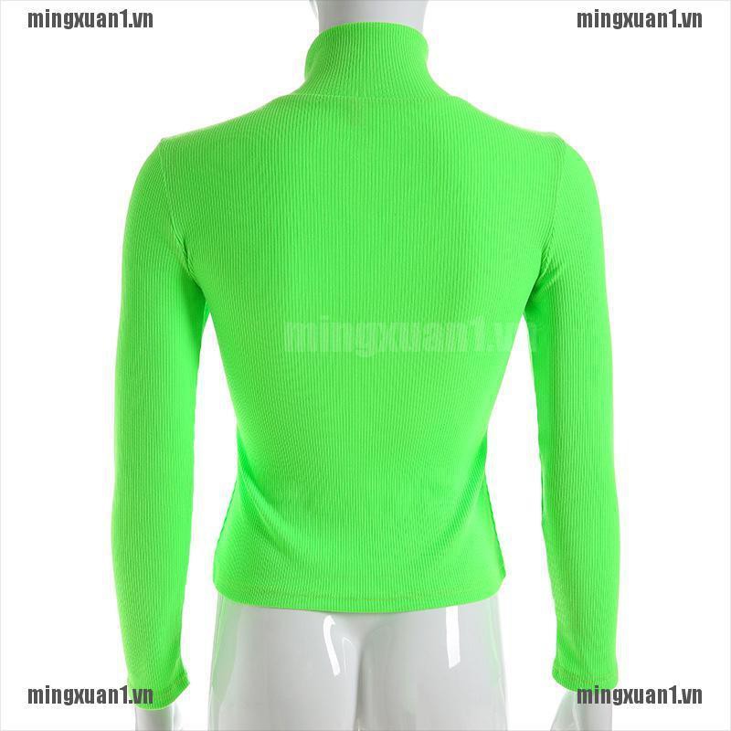 MINON Autumn Winter Neon Color Ribbed TShirt Women Turtleneck Fashion Knitted Tops Tee VN