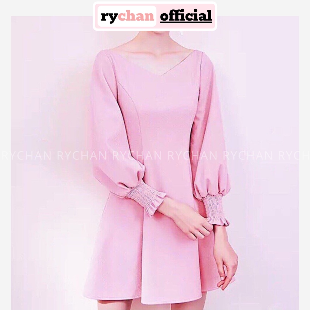 Đầm Công Sở Cổ V Tay Dài Thanh Lịch, Váy Nữ Dạo Phố Xem Phim Hẹn Hò Form Xòe Đáng Yêu Màu Hồng [ẢNH THẬT CUỐI] - DX9762