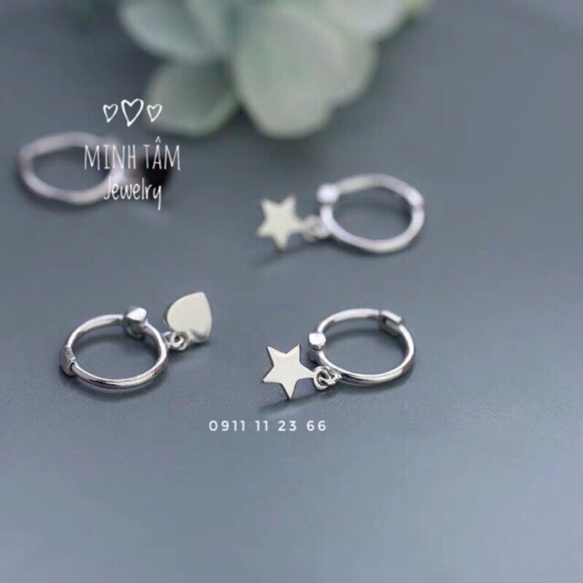 Bông tai bạc ta trái tim,Khuyên tai bạc ngôi sao may mắn bạc s925-Minh Tâm Jewelry