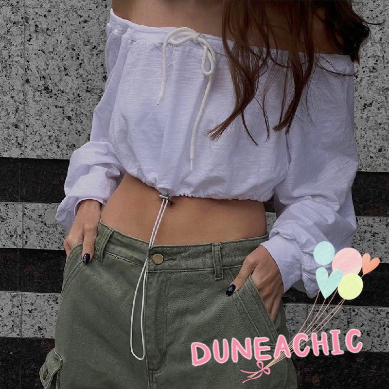 DUNEA Áo Croptop Tay Dài Thiết Kế Trễ Vai Quyến Rũ