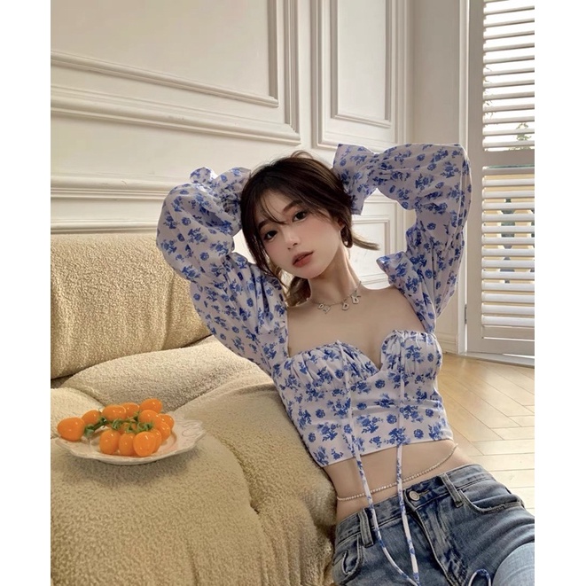 ÁO CROPTOP HOA NHÍ TAY BO PHỒNG