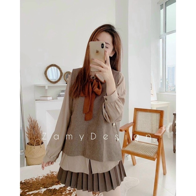 [Ảnh thật/video] Set áo sơmi kèm gile dạ ulzzang cột nơ sang chảnh | BigBuy360 - bigbuy360.vn