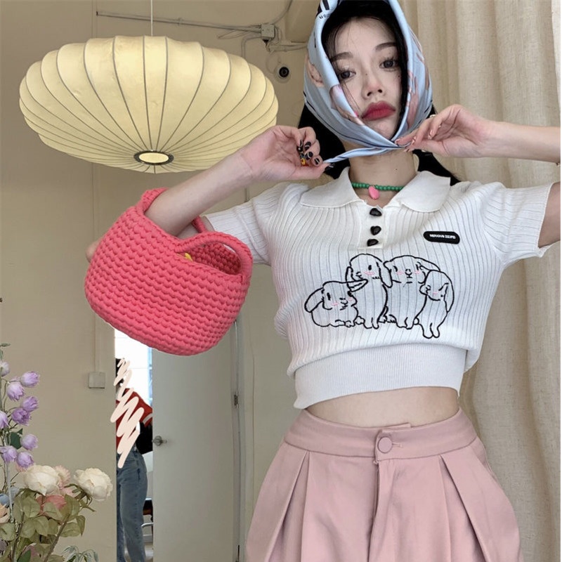 Áo polo Pure Cube dệt kim tay ngắn dáng ôm thêu hình thỏ thời trang mùa hè cho nữ