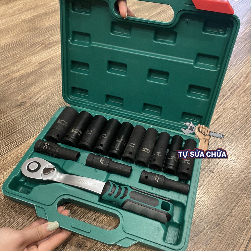Bộ khẩu 1/2 inch thép CR-Mo 8-24mm đen dài 14 chi tiết chính hãng LANTUO kèm cần siết tự động 2 chiều