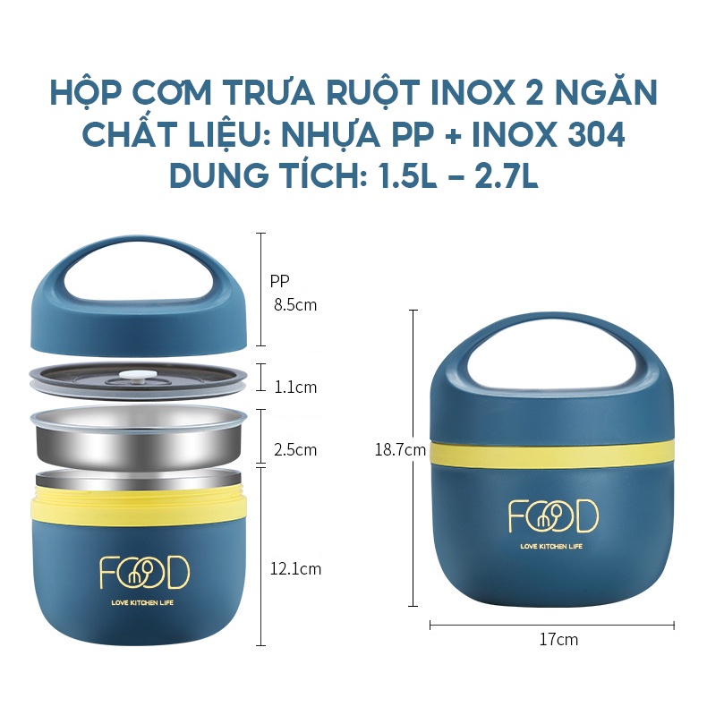 Hộp Cơm Trưa 3 Ngăn Ruột Inox Dung Tích Siêu Lớn 2.7 Lít Đựng Cơm Canh Ăn Trưa Khẩu Phần 2 Người CJ-106