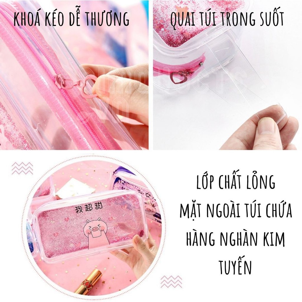 Túi đựng bút dụng cụ học tập đồ trang điểm mỹ phẩm trong suốt kim tuyến nước chảy TN06