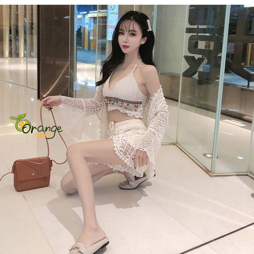 Bikini Đồ Bơi Nữ 3 Món  Có Áo Choàng Kín Đáo Len Móc Ren Cao Cấp Br10