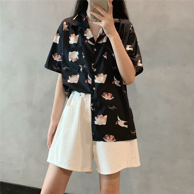 LEEVA - Áo sơ mi họa tiết Angel mùa hè thoáng mát: Angel đen