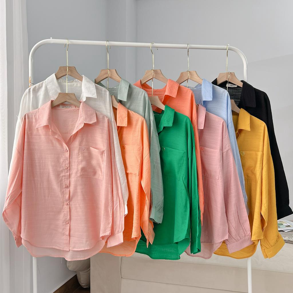 Áo Sơ Mi Nữ Tay Dài Phồng Chất Tơ Xước Thêu Tim Góc Túi Xinh Xắn, Sơ Mi Công Sở Mỏng Mát Freesize Cho Nữ SUBICI