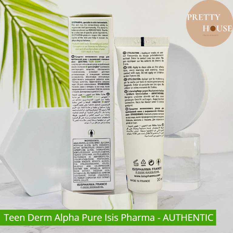 Kem giảm nhờn, mụn, se khít lỗ chân lông TEEN DERM ALPHA PURE ISIS Pharma
