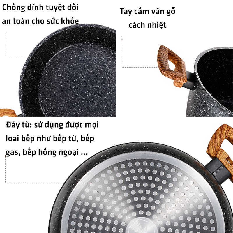 Nồi Vân Đá Đáy Từ Không Dính 2 Tay Cầm Cách Nhiệt Size 20cm 24cm  Nắp Nồi Kính Cường Lực