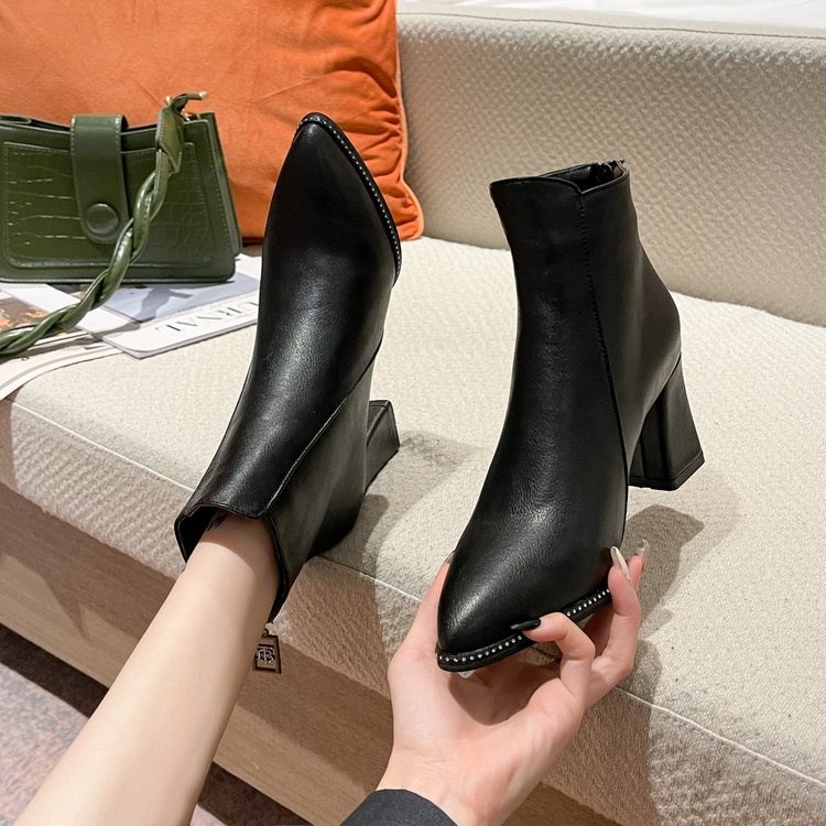 Giày bốt cao gót mũi nhọn cổ ngắn phối khóa kéo thời trang cho nữ | BigBuy360 - bigbuy360.vn