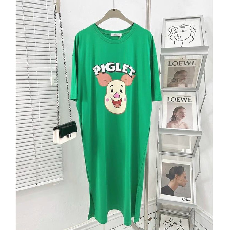 Đầm thun suông form to hình heo piglet Váy cotton cổ tròn ngắn tay dáng suông