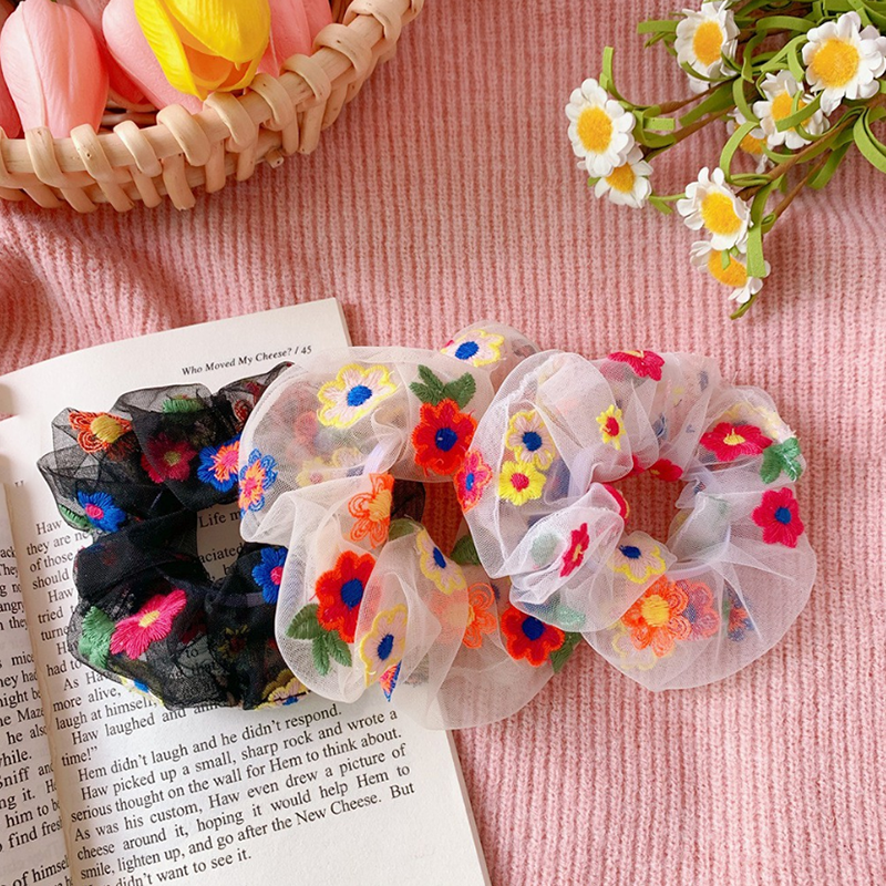 Dây buộc tóc chiffon Hishop in hoa cúc nhiều màu cho nữ