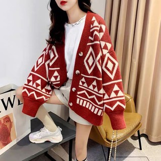 [AT] Áo Khoác Cardigan Dệt Kim Dày Dáng Rộng Dài Vừa Phải Hình Học Phong Cách Phương Tây Thời Trang Mùa Xuân