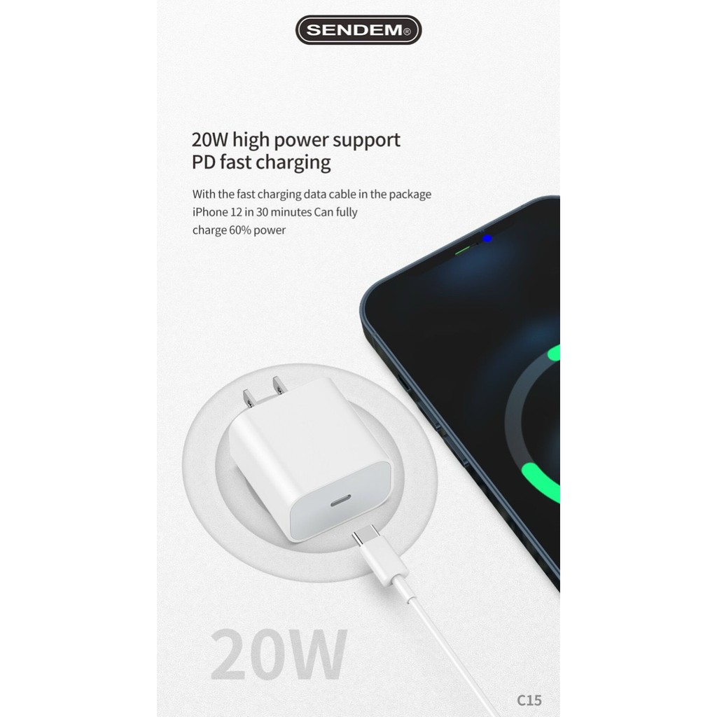 Bộ sạc nhanh 20W SENDEM C15 cổng USB Type C hỗ trợ PD Super Chager cho điện thoại các dòng iphone 6-12Promax