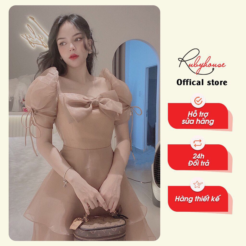 Váy Nơ Organza Tiểu Thư RUBY HOUSE - Dáng Xòe Vintage, Eo Trên, Cách Điệu Ở Tay Và Ngực Nơ, Chất Tơ Mềm Mại 3099