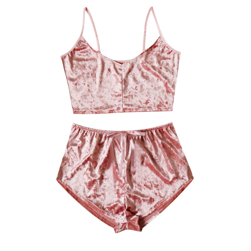 Bộ đồ ngủ pijama ECMLN gồm áo và quần đùi chất liệu nhung mềm mại thoải mái cho nữ