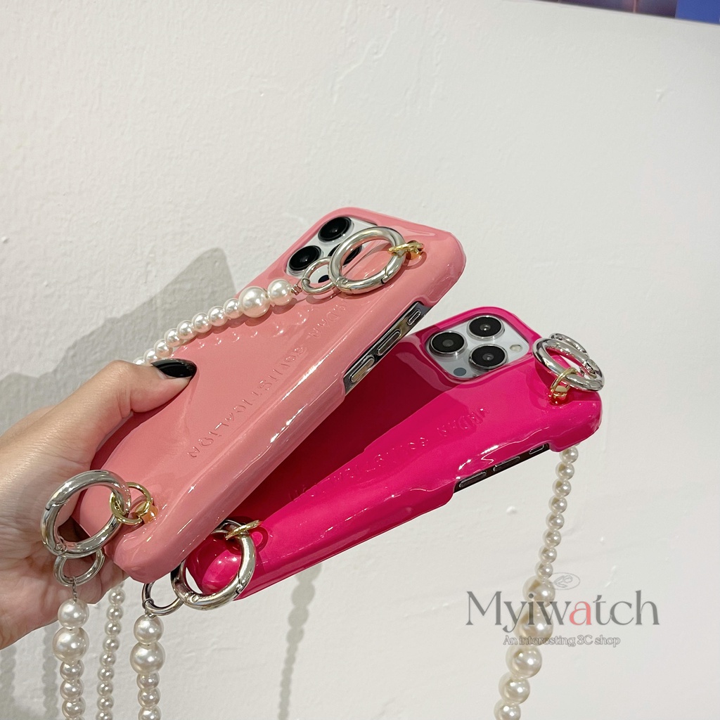 Ốp Điện Thoại Dẻo Họa Tiết Trái Đào Màu Hồng Kèm Dây Đeo Ngọc Trai Xinh Xắn Cho iphone 13 Pro Max 11 12 Pro Max