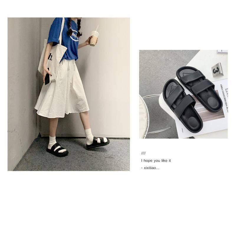 Dép quai ngang nữ xixitiao phong cách ulzzang Hàn Quốc đế dày chống trượt màu trơn tối giản