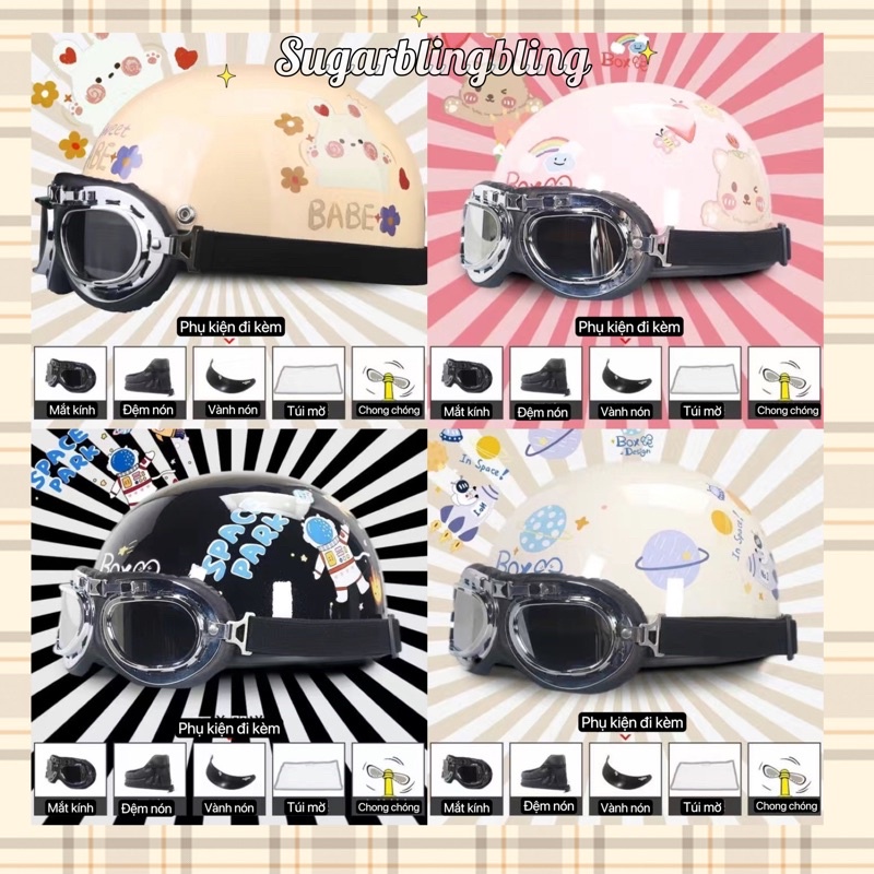 MŨ BẢO HIỂM CÓ KÍNH TẶNG KÈM CHONG CHÓNG STICKER 5IN1