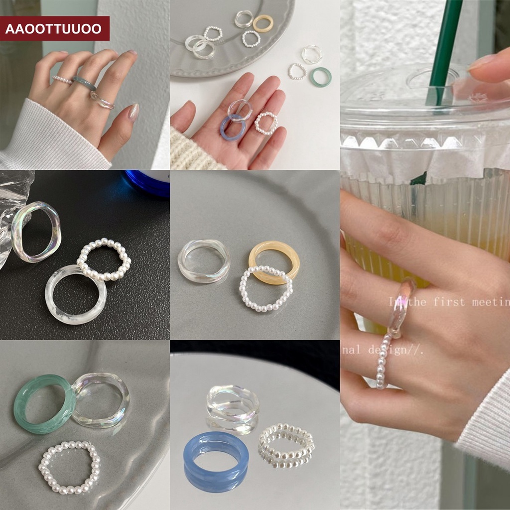 Set 3 Nhẫn Đeo Tay Kim Loại Đính Ngọc Trai Giả Nhiều Màu Sắc Thời Trang Cho Nữ