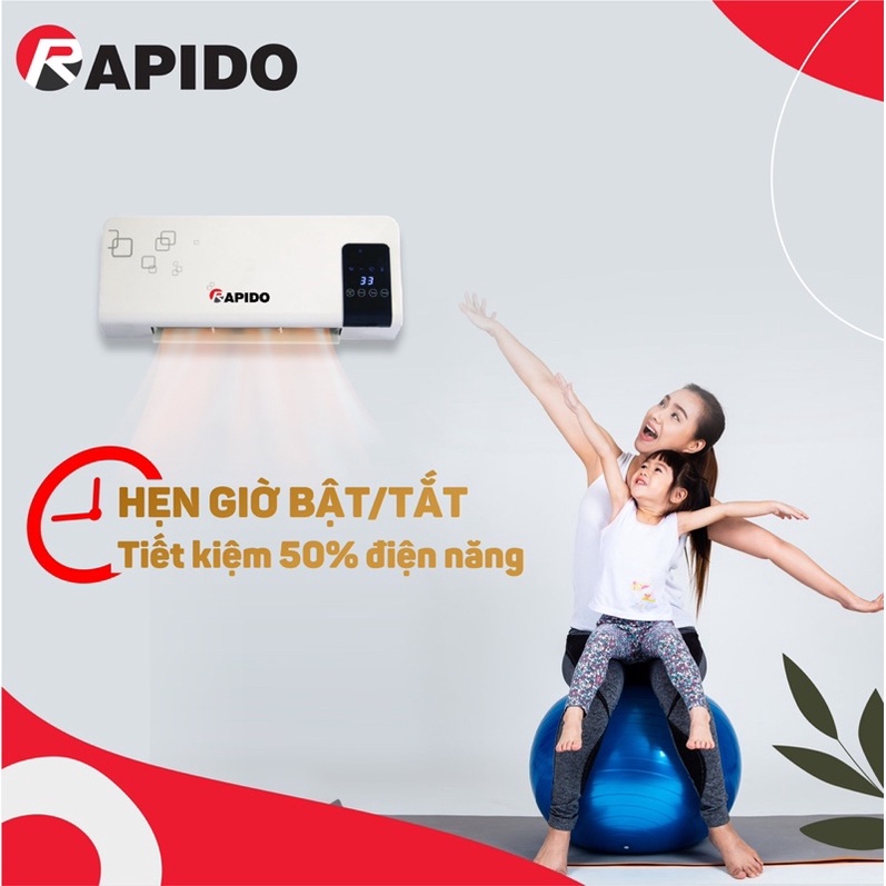 Máy sưởi gốm RAPIDO RCH2000D điều khiển từ xa BH chính hãng 12 tháng