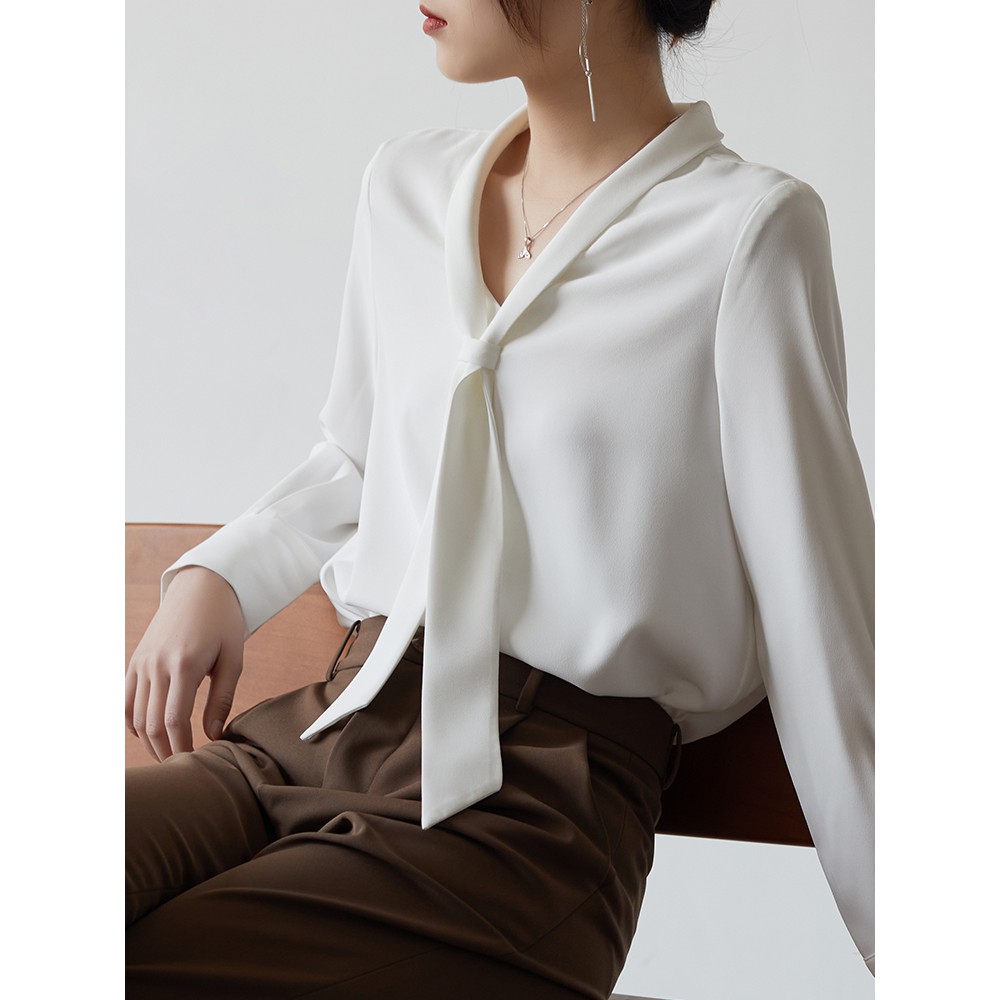 Sơ Mi Thời Trang Công Sở Nữ Tay Dài, Cổ Nơ Thanh Lịch, Áo Lụa Cát Trắng, Đen Basic Quyên Fashion AA529