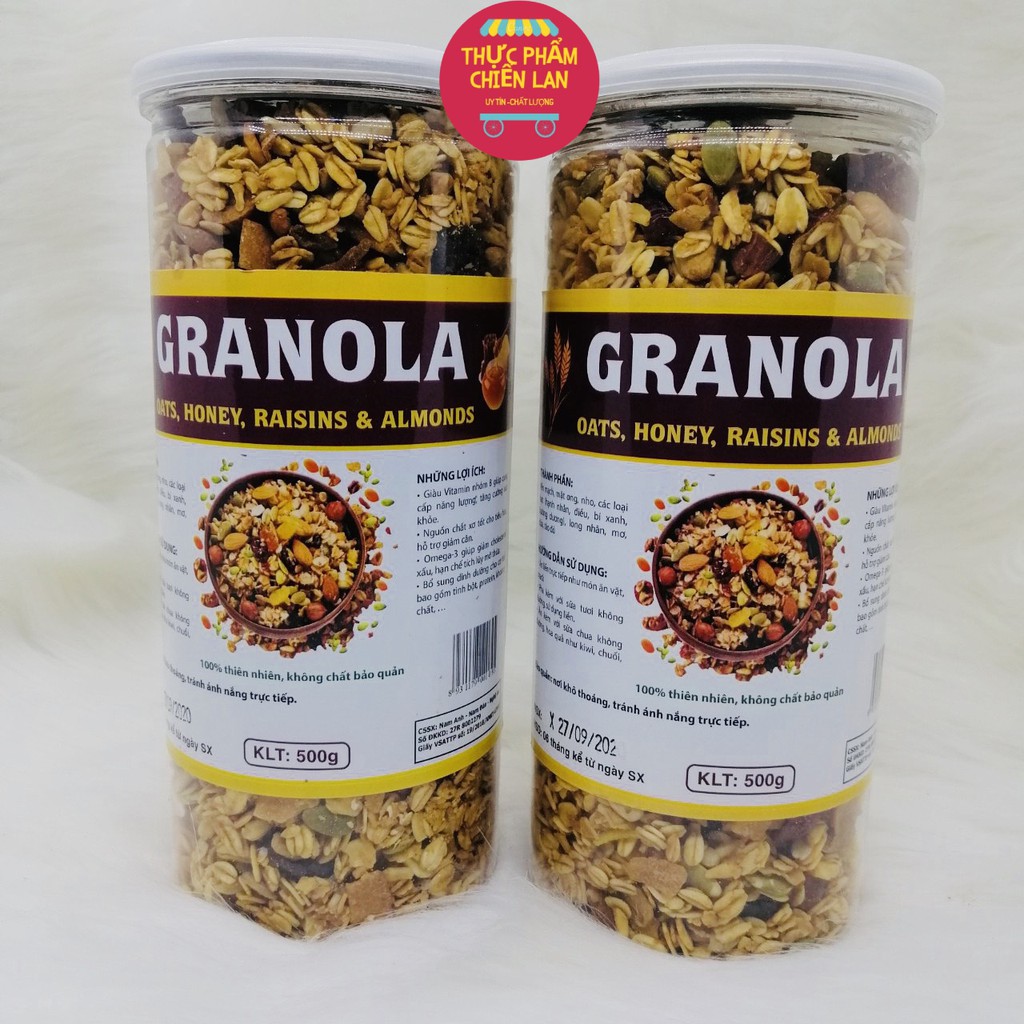 Ngũ cốc Granola + Yến mạch+  các loại hạt (hạnh nhân, điều, bí xanh, hướng dương...) 100% Không Đường, Giảm Cân 500g