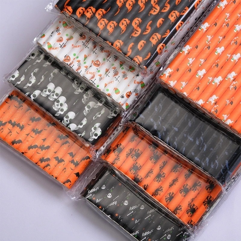Set 25 Ống Hút Giấy Họa Tiết Halloween Kinh Dị Có Thể Phân Hủy