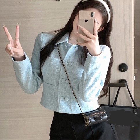 Áo khoác dạ nữ màu xanh nhạt dáng ngắn