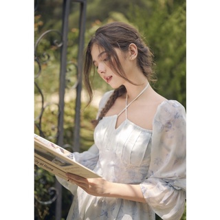 PHOEBE - Đầm tơ hoa Azure lưng chun co giãn, dáng cổ tim, tay bo xoè