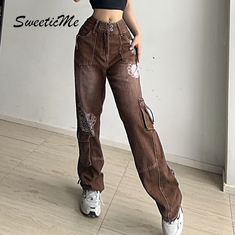 Quần Jean Lưng Cao Ống Rộng In Họa Tiết Retro Thời Trang Cho Nữ