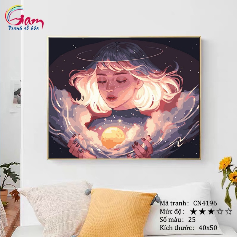 Tranh sơn dầu số hoá Gam cô gái nghệ thuật căng khung 40x50cm CN4196