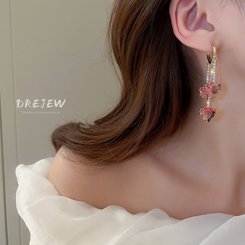 DREJEW Khuyên tai dáng dài mạ vàng đính kim cương giả kiểu trái tim phối tua rua sang trọng thời trang cao cấp cho nữ